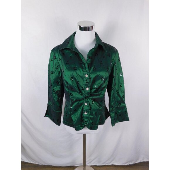 Cachet Emerald Embellished Blouse 12 - Sequin - Excellent - Witchcore Elegant - Picture 2 of 13
